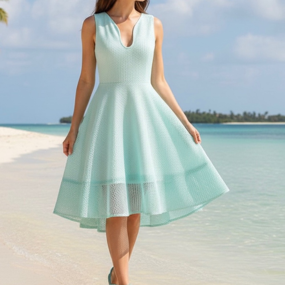 #A293 FT INC PASTEL AESTHETIC AQUA BLUE MESH OVERLAY DRESS NWOT FREE SIZE - Picture 3 of 9